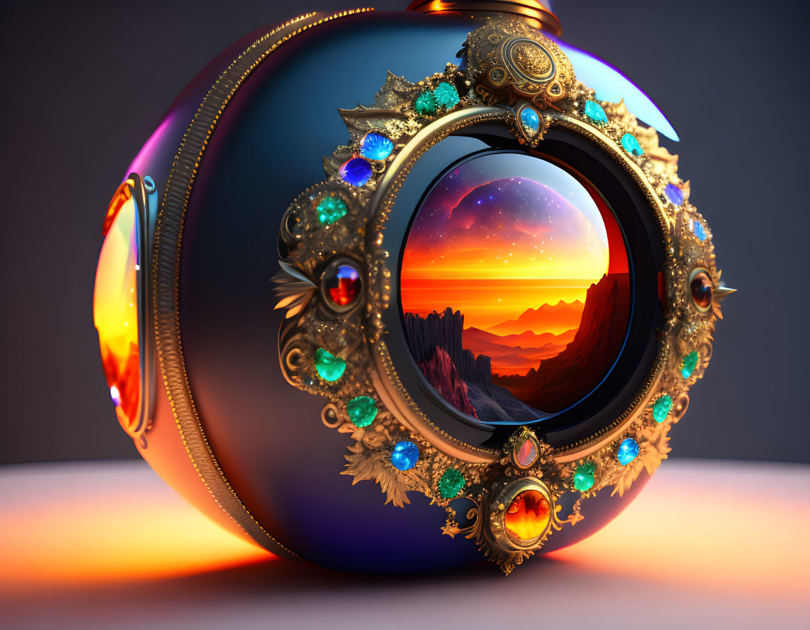 Decorative spherical object with jewels and intricate designs framing a scenic sunset over mountains.