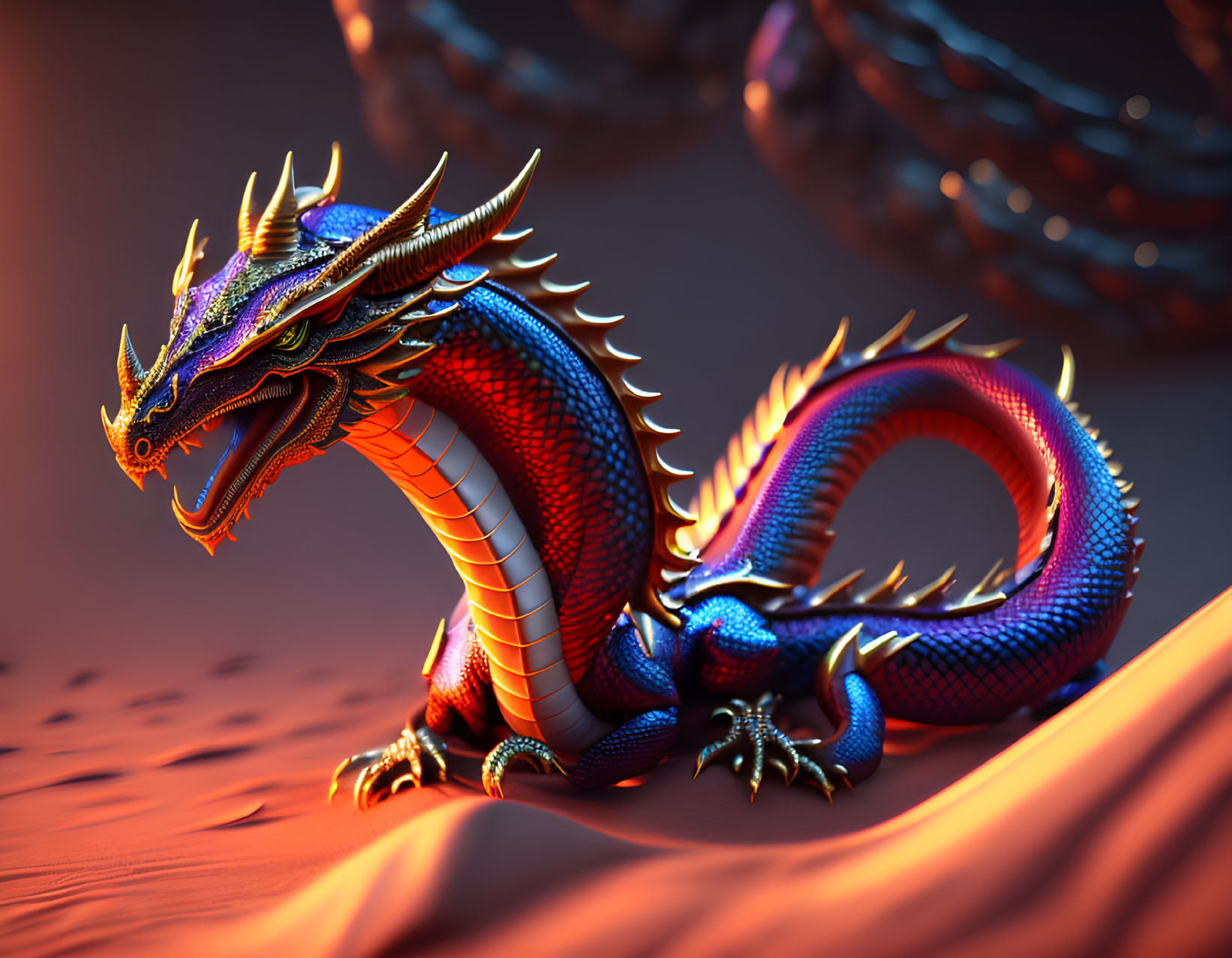 Metallic Blue and Red Dragon Figurine on Orange Backdrop