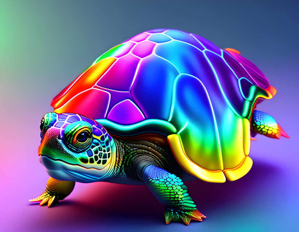 Colorful digital artwork: Neon rainbow turtle on gradient background