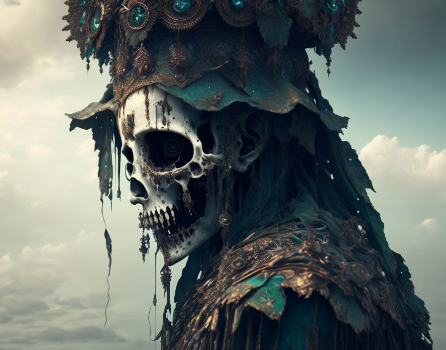 Decorated Skull with Metallic Details Under Cloudy Sky