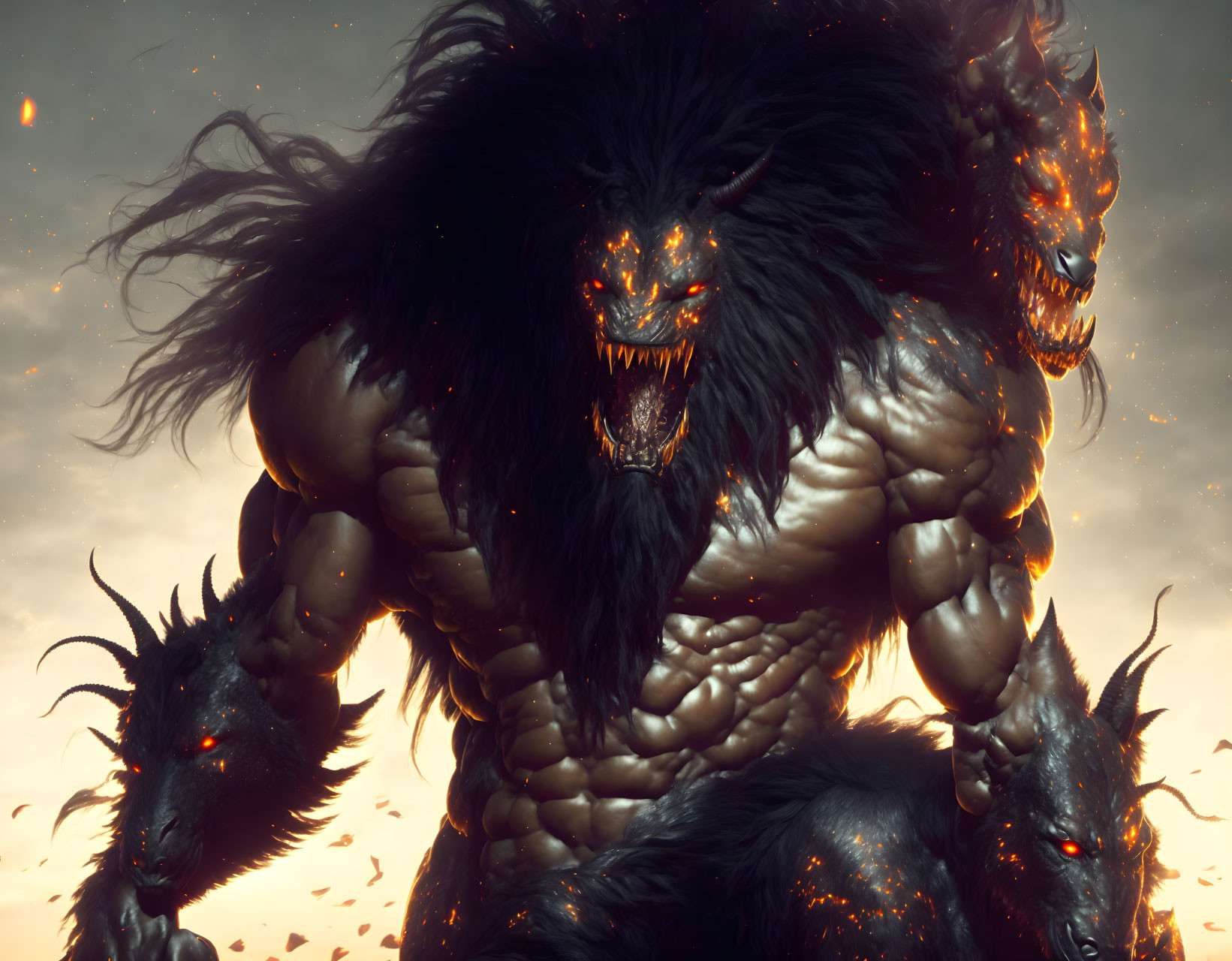 Three-Headed Monstrous Figure in Dramatic Setting