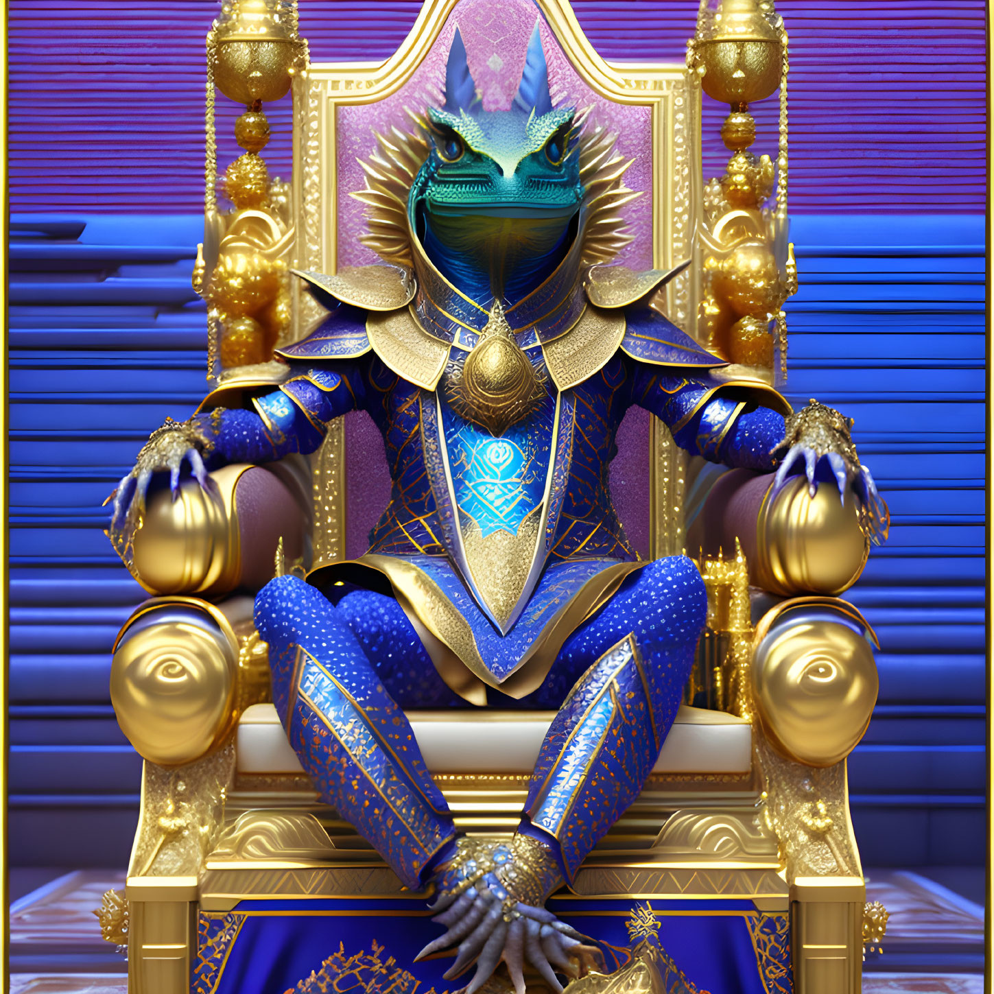 Regal blue-scaled reptilian creature on golden throne in majestic room