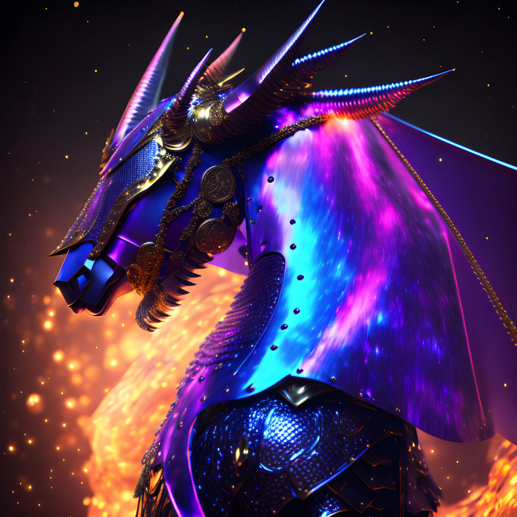 Mythical armored dragon with blue body, gold details, cosmic wing, fiery nebula backdrop