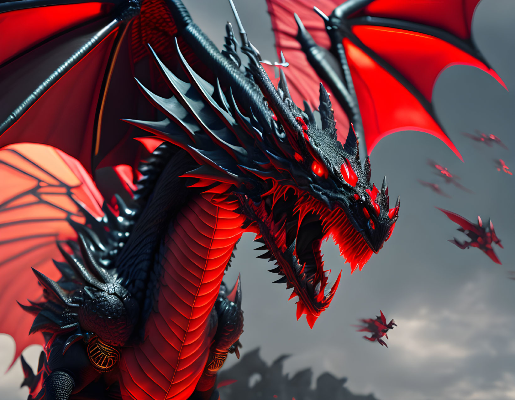 Red Dragon with Glowing Eyes Surrounded by Smaller Dragons in Stormy Sky