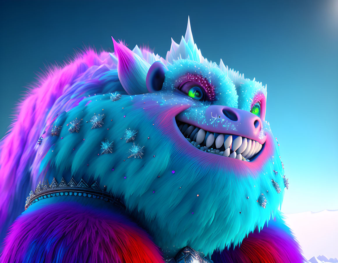 Colorful furry creature with snowflakes on fur and icy backdrop