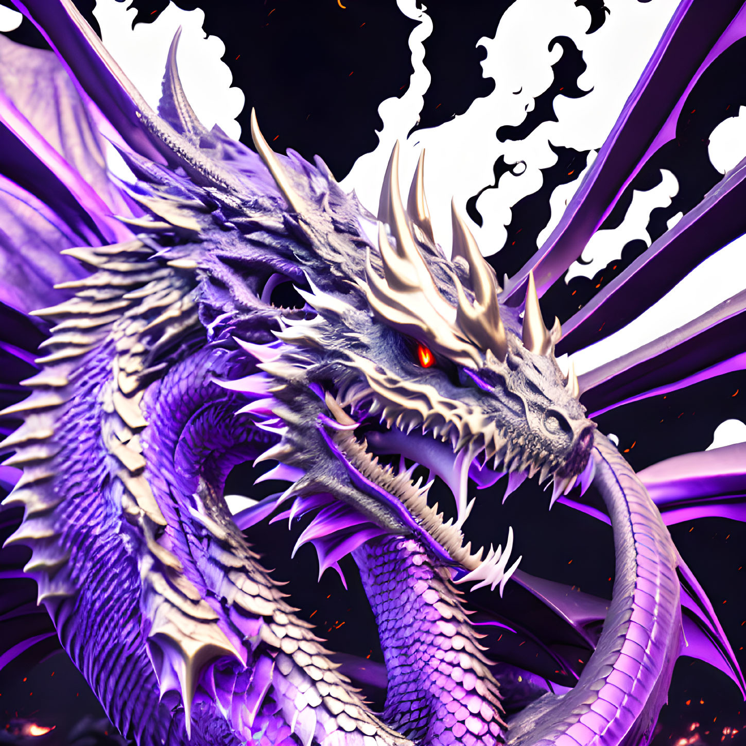 Purple dragon with red eyes and horns on abstract background