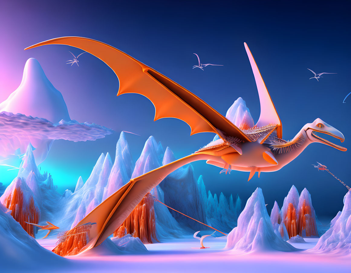 Colorful Pterodactyl Flying Over Icy Mountains at Twilight