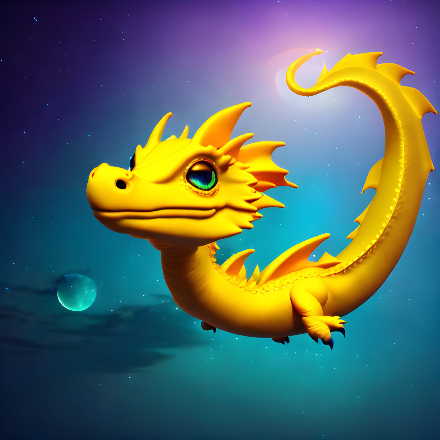 Colorful 3D illustration: Yellow dragon in starry night sky