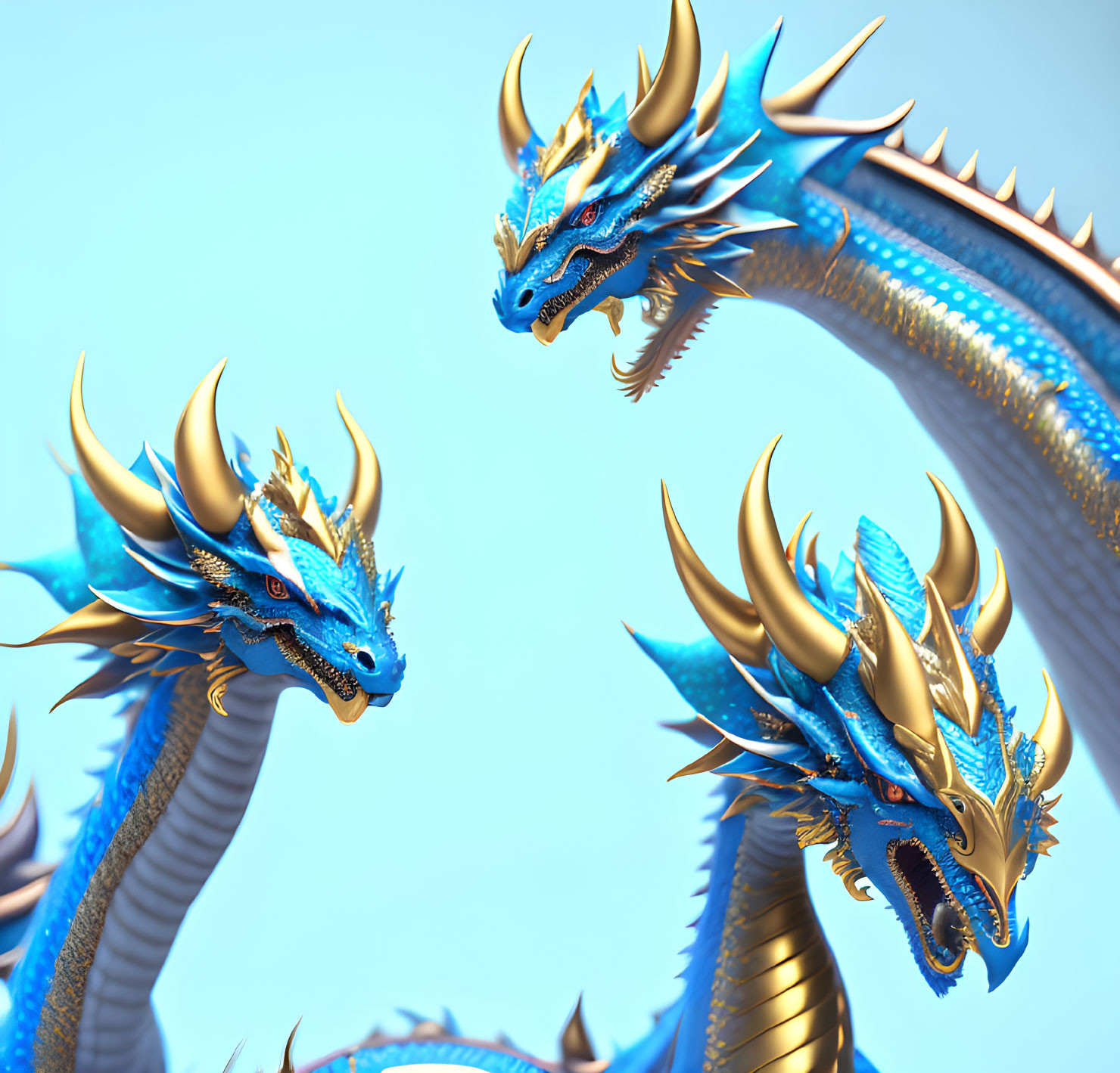 Ornate blue dragons with golden horns on pale blue background