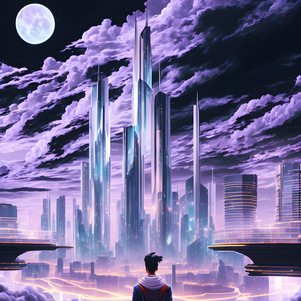 Futuristic cityscape with skyscrapers, bridges, purple sky, moon