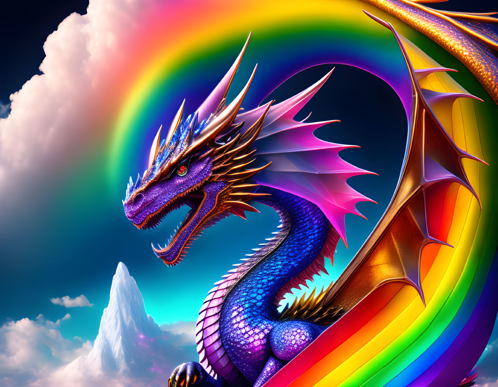 Colorful Dragon Artwork with Blue Scales and Rainbow Wings in Sky Scene