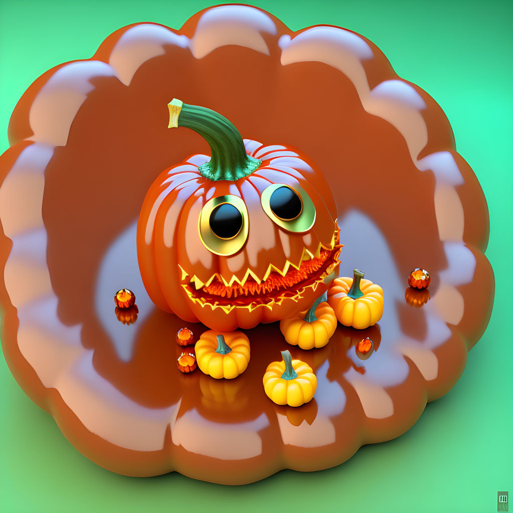 Whimsical digital illustration of large carved pumpkin surrounded by smaller pumpkins & autumn leaves