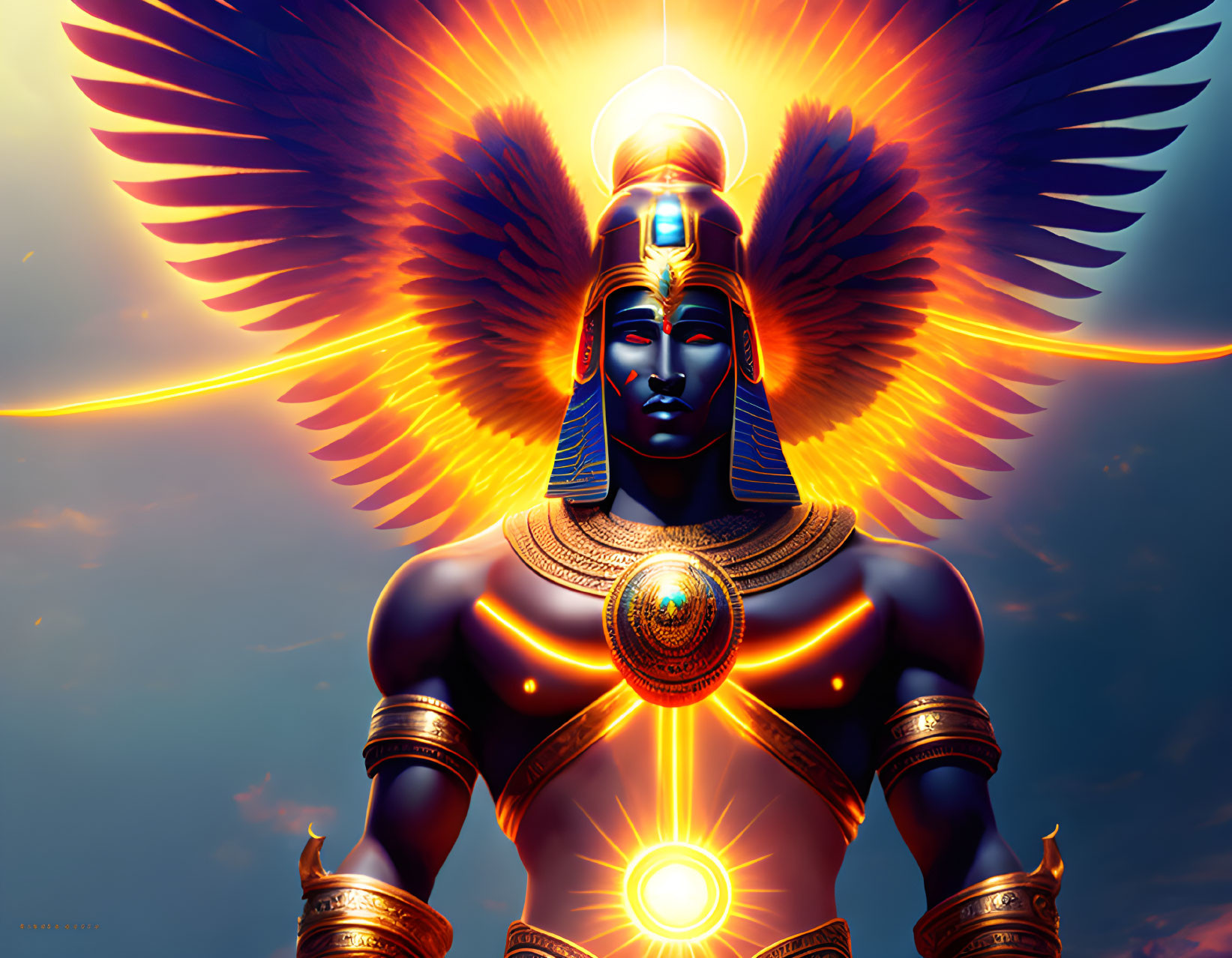 Colorful digital artwork featuring figure in pharaoh-like attire and glowing symbols on winged backdrop.