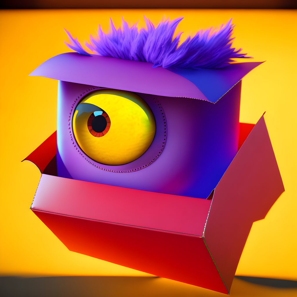 Colorful 3D illustration of purple furry creature with large yellow eye in red box on orange background