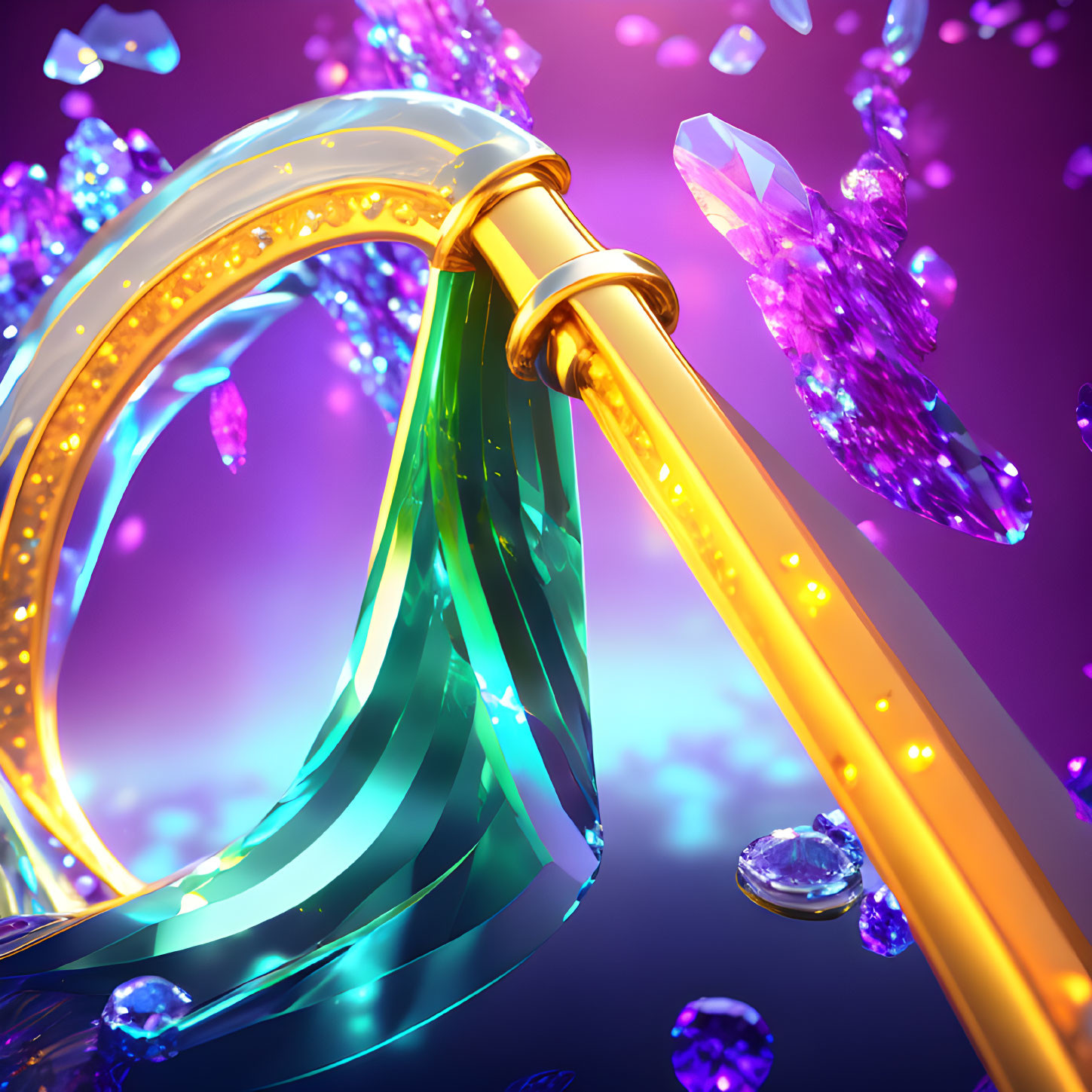 Colorful digital art: Spectrum flowing from golden faucet amid crystal structures