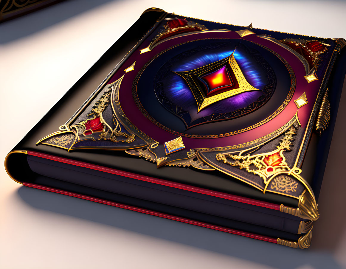 Luxurious ornate book with gold, red, and blue cover and gemstones on table