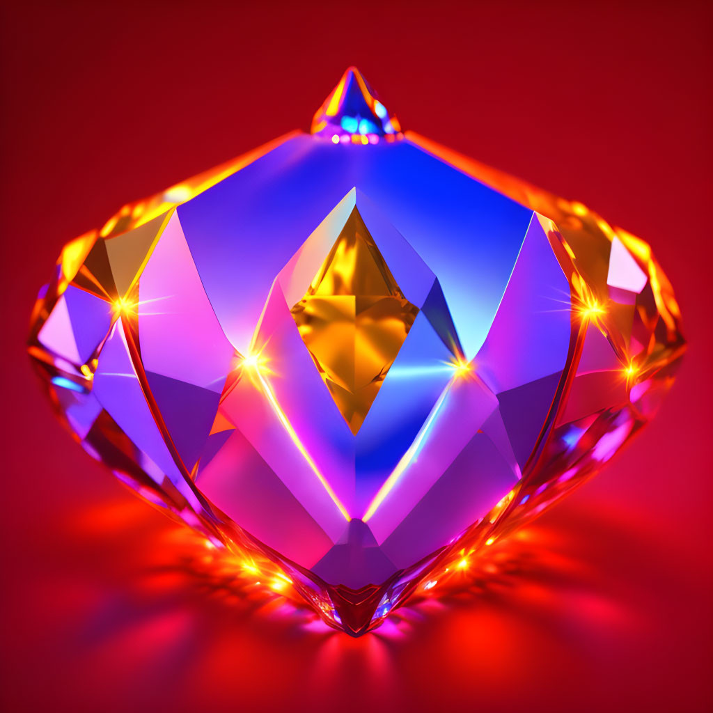 Multifaceted gemstone with blue core and purple edges on red background