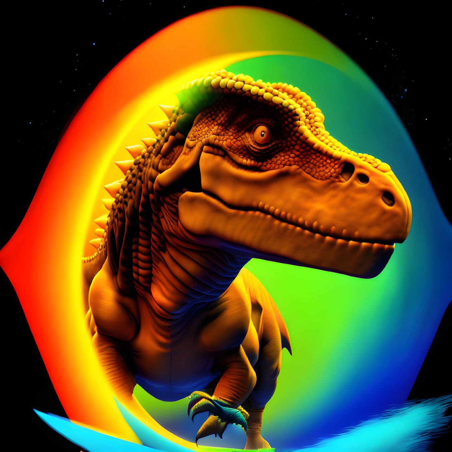 Colorful Tyrannosaurus rex digital art with cosmic rainbow backdrop