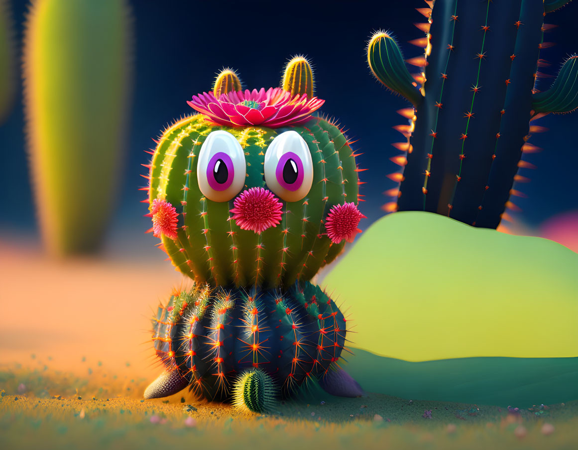 Whimsical animated cactus with large eyes and pink flowers in vibrant desert scene