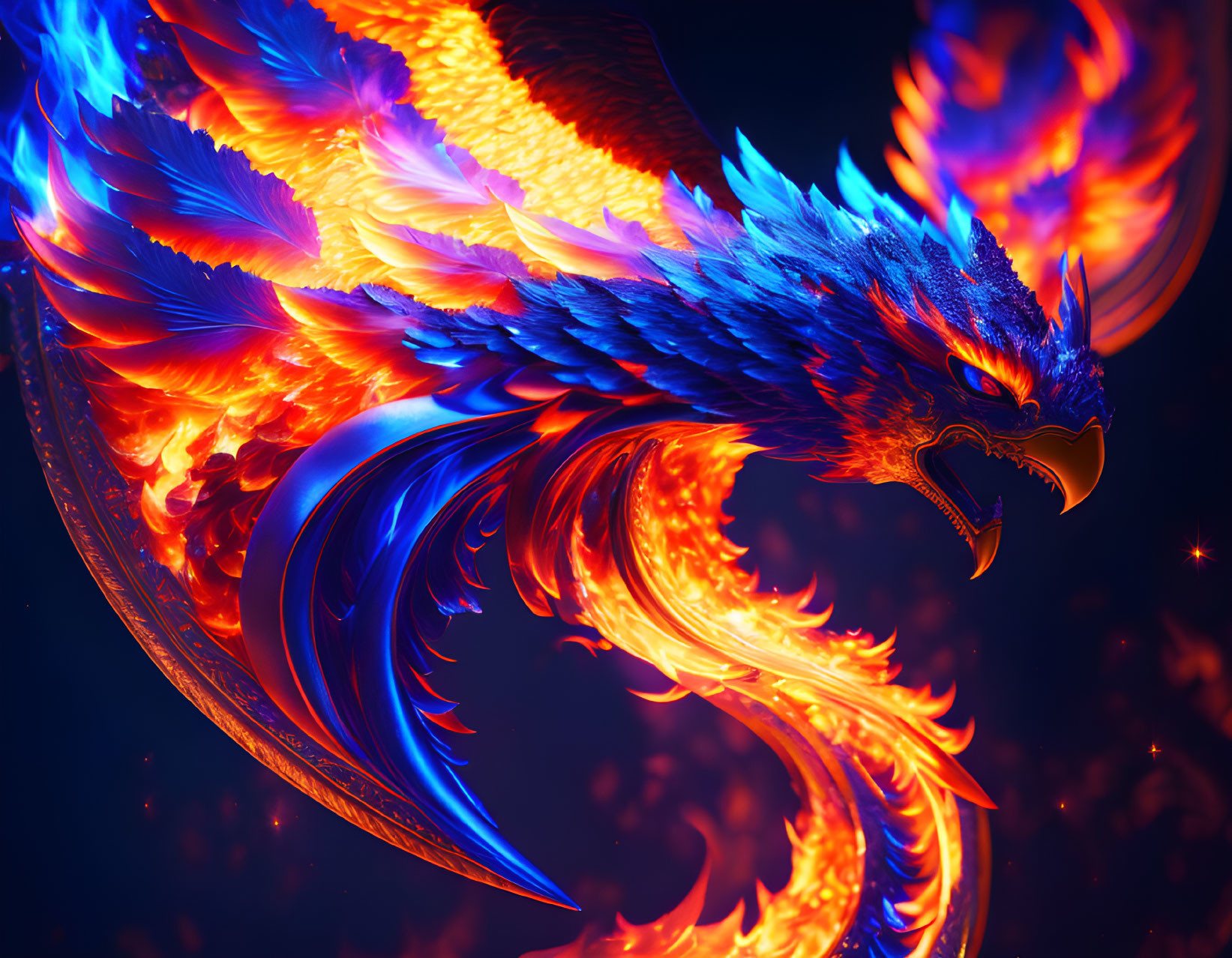 Colorful Phoenix Artwork with Orange and Blue Plumage