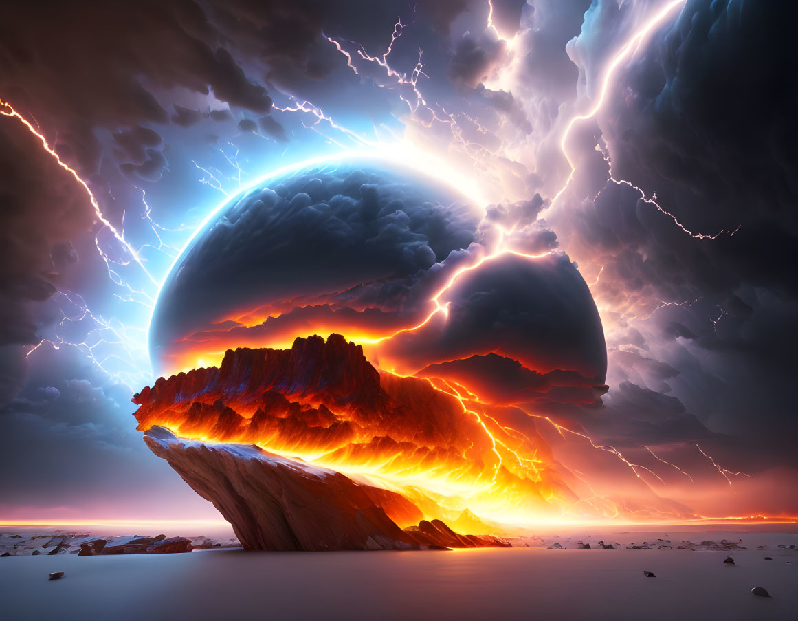 Dramatic sci-fi landscape with massive planet, lightning strikes, fiery clouds, rocky outcrop.