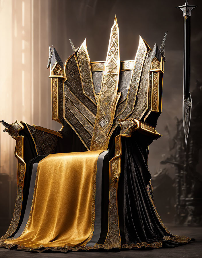 Golden Throne with Sword-like Embellishments in Regal Setting