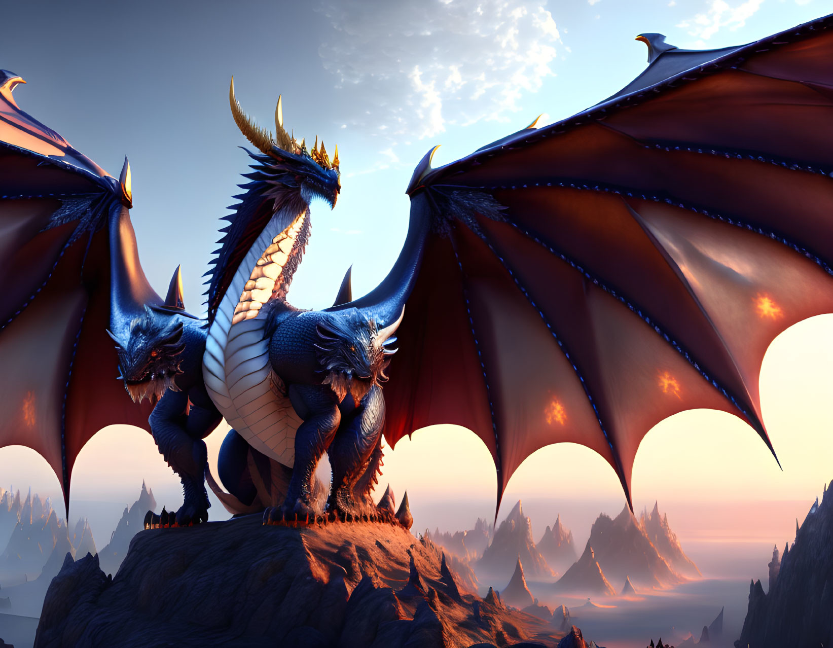 Majestic two-headed dragon on cliff at sunset