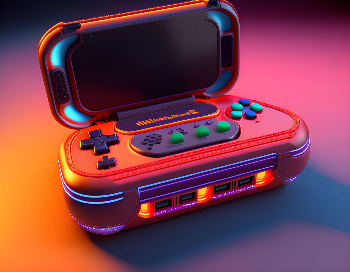 Colorful Neon-Lit Handheld Gaming Console with Buttons and Screen