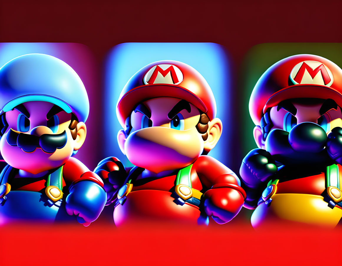 Iconic Nintendo character Mario in three vibrant illustrations with different expressions on red and blue gradient background