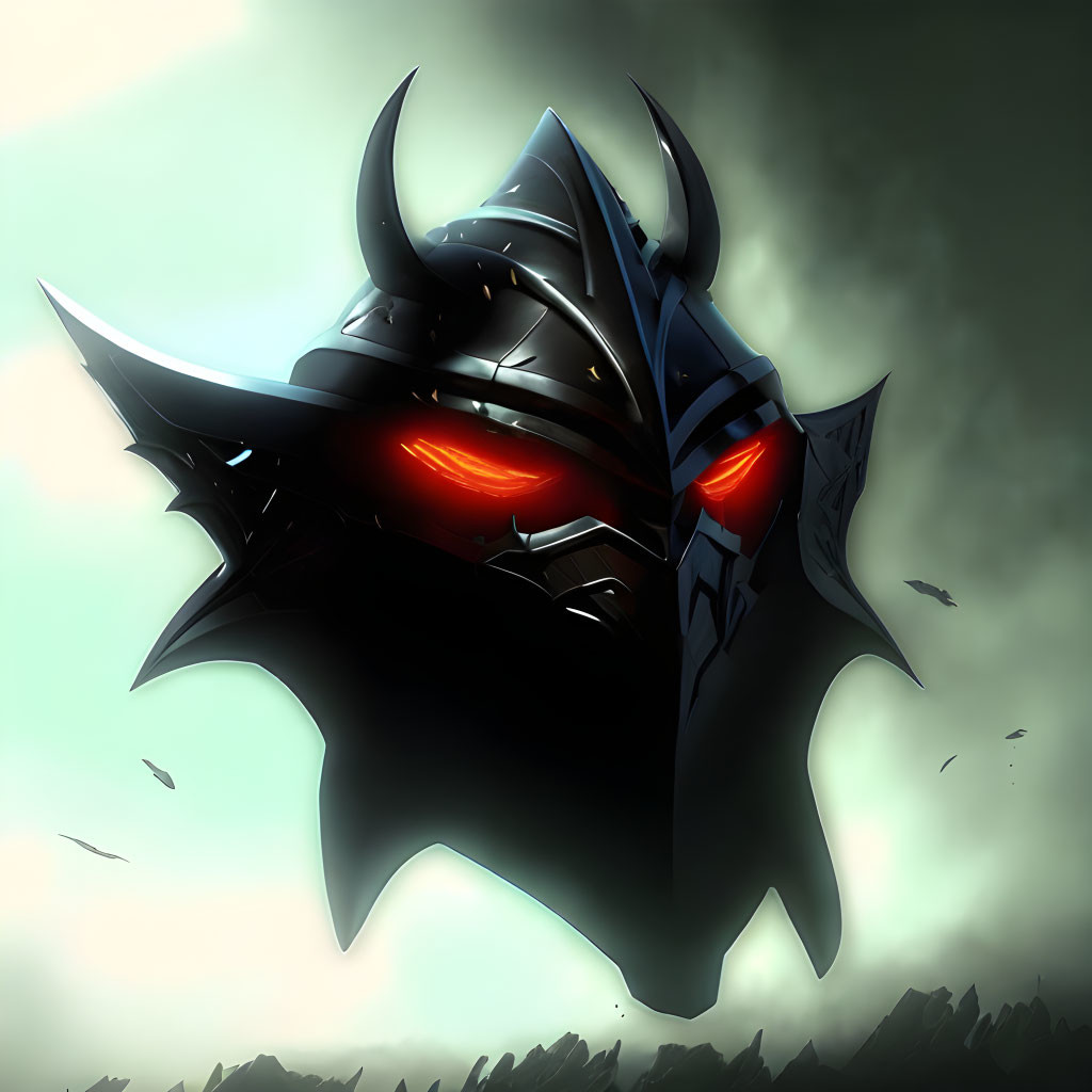 Sinister figure with glowing red eyes and sharp horns on dark backdrop