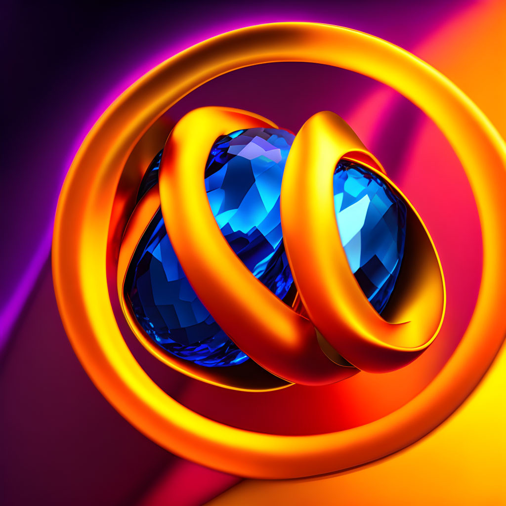 Colorful Abstract Art: Blue Faceted Sphere in Orange Rings on Purple and Red Background