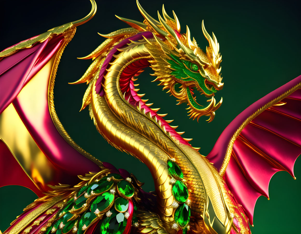 Golden dragon with red wings and green scales on dark green background