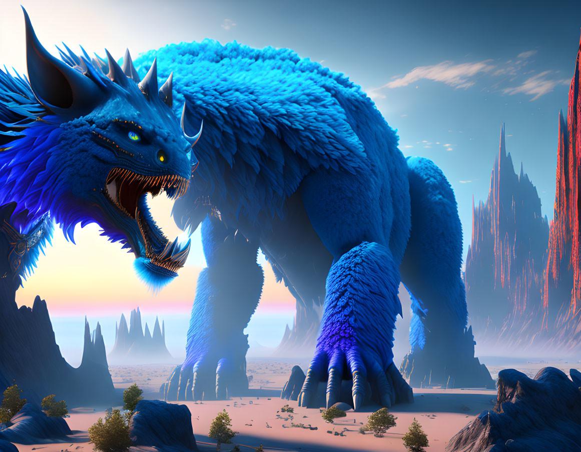 Blue scaly dragon with horns and fur in desert landscape with red spires.