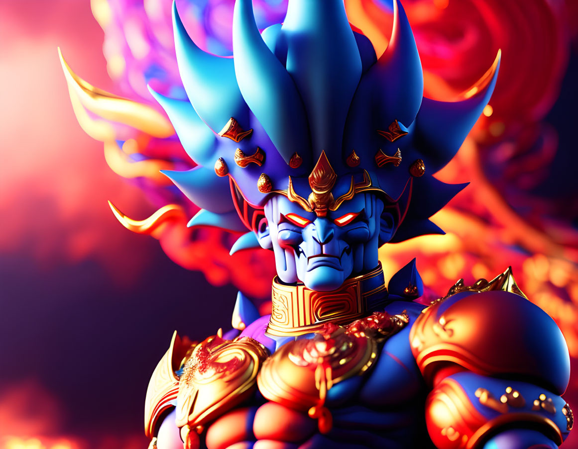 Character with blue skin in gold armor and fiery blue hair on red background