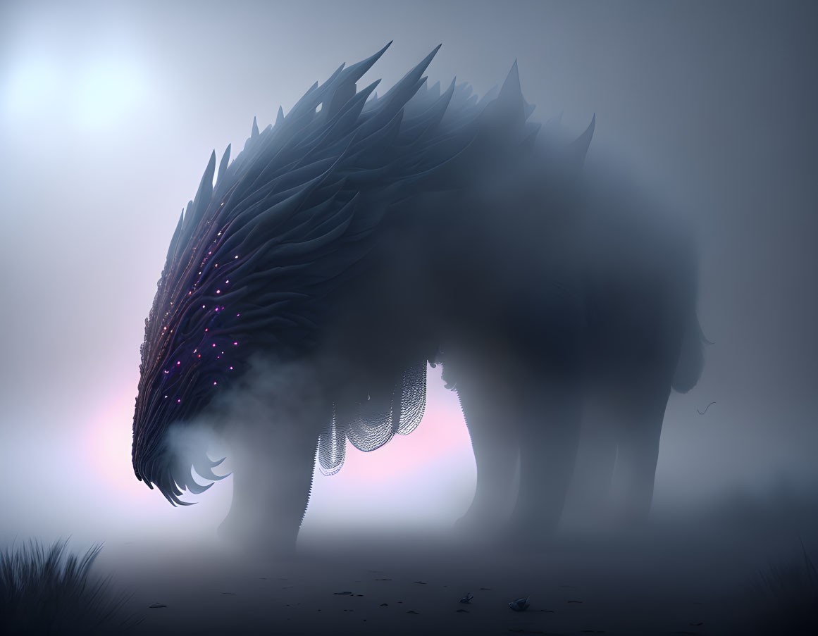 Elephantine creature with feathered wings in foggy landscape