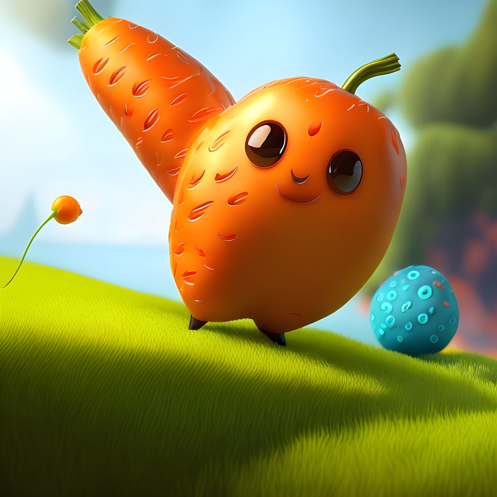 Happy anthropomorphic orange carrot with arms on green hill next to blue spotted egg