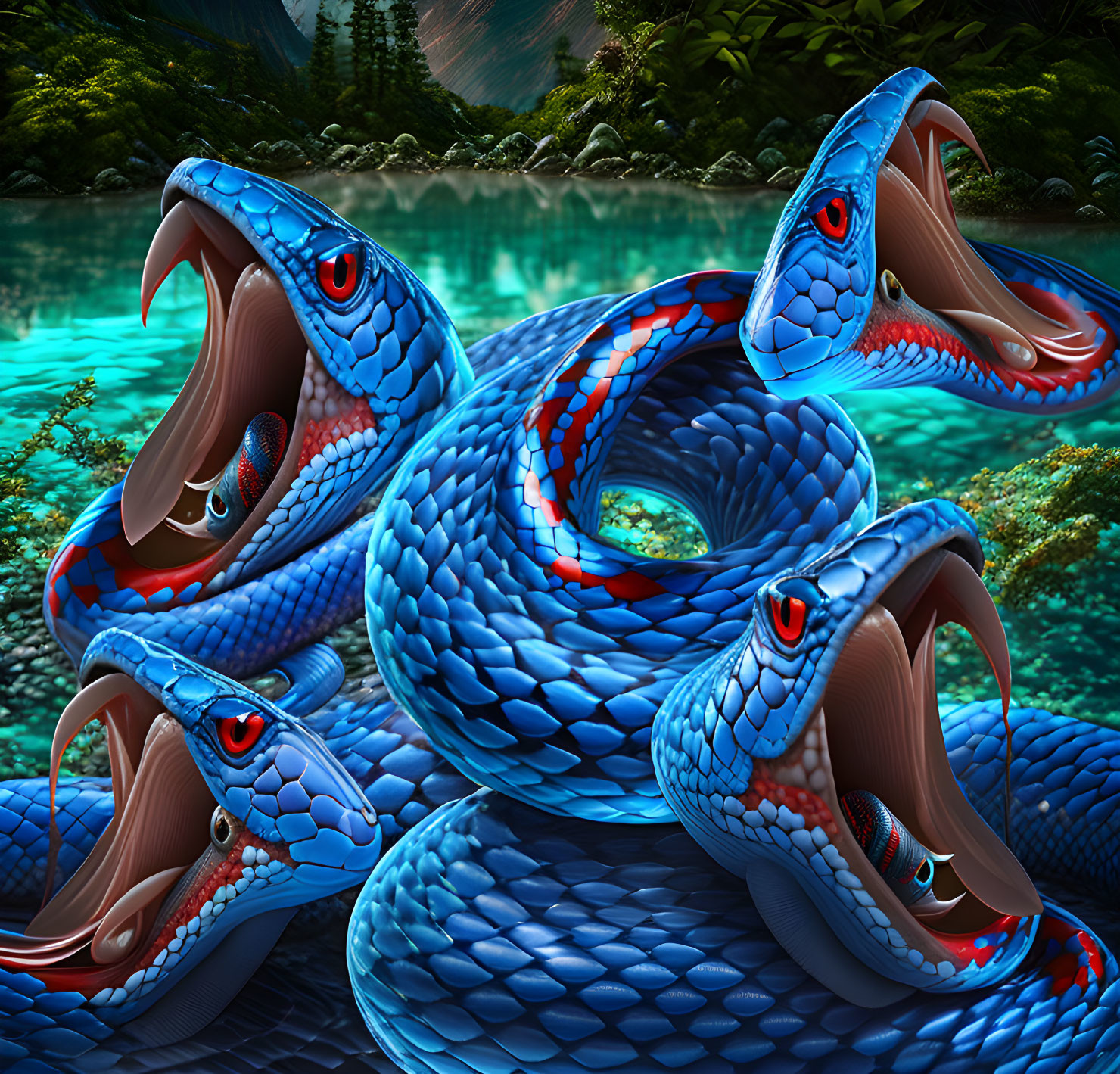 Digital Art: Blue Serpents with Red Eyes in Green Riverside Scene