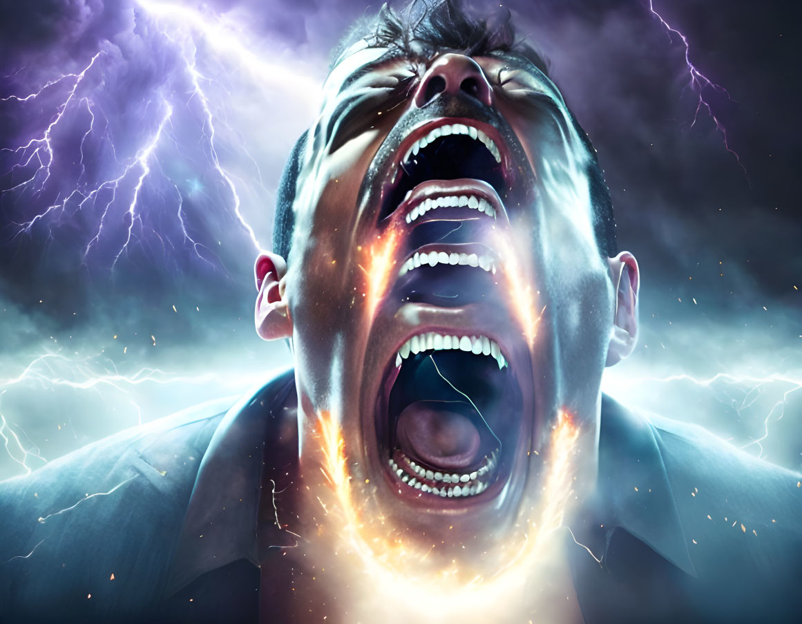 Intense man screaming with glowing lines on stormy background