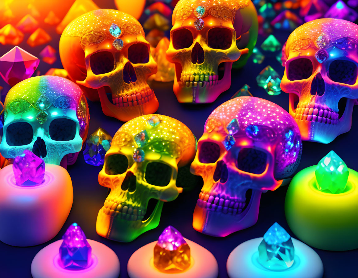 Colorful Skulls with Glowing Eyes and Gemstones on Dark Background