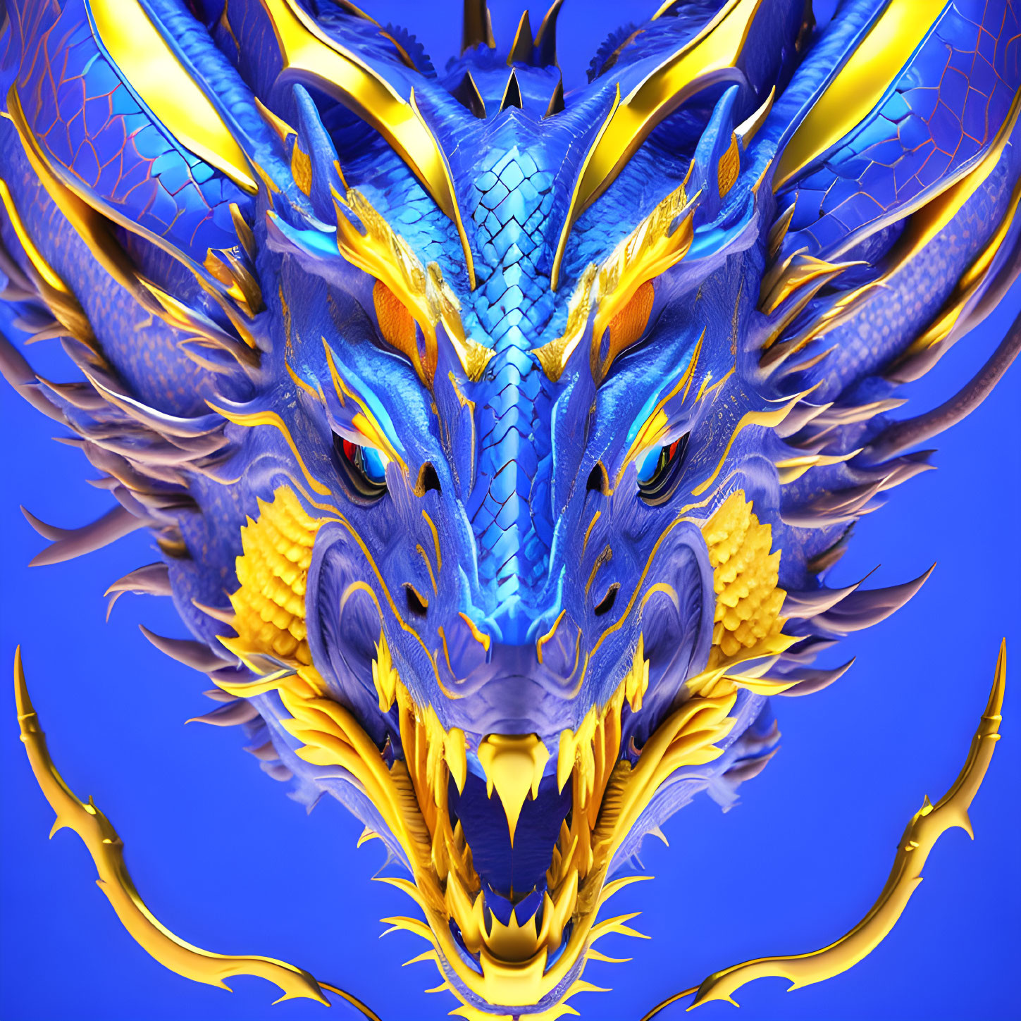 Detailed 3D illustration of multi-headed blue dragon with golden horns and sharp teeth