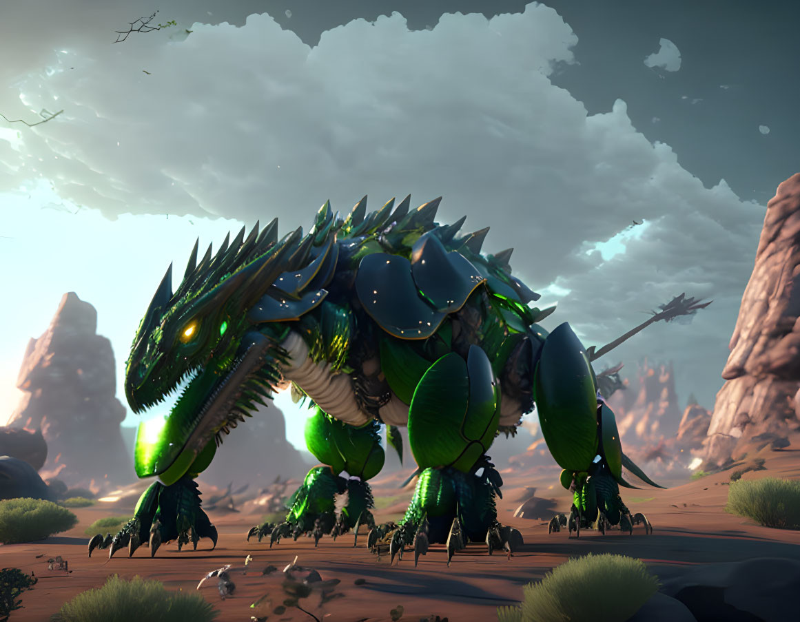 Massive Armored Dragon with Glowing Green Eyes in Desert Landscape