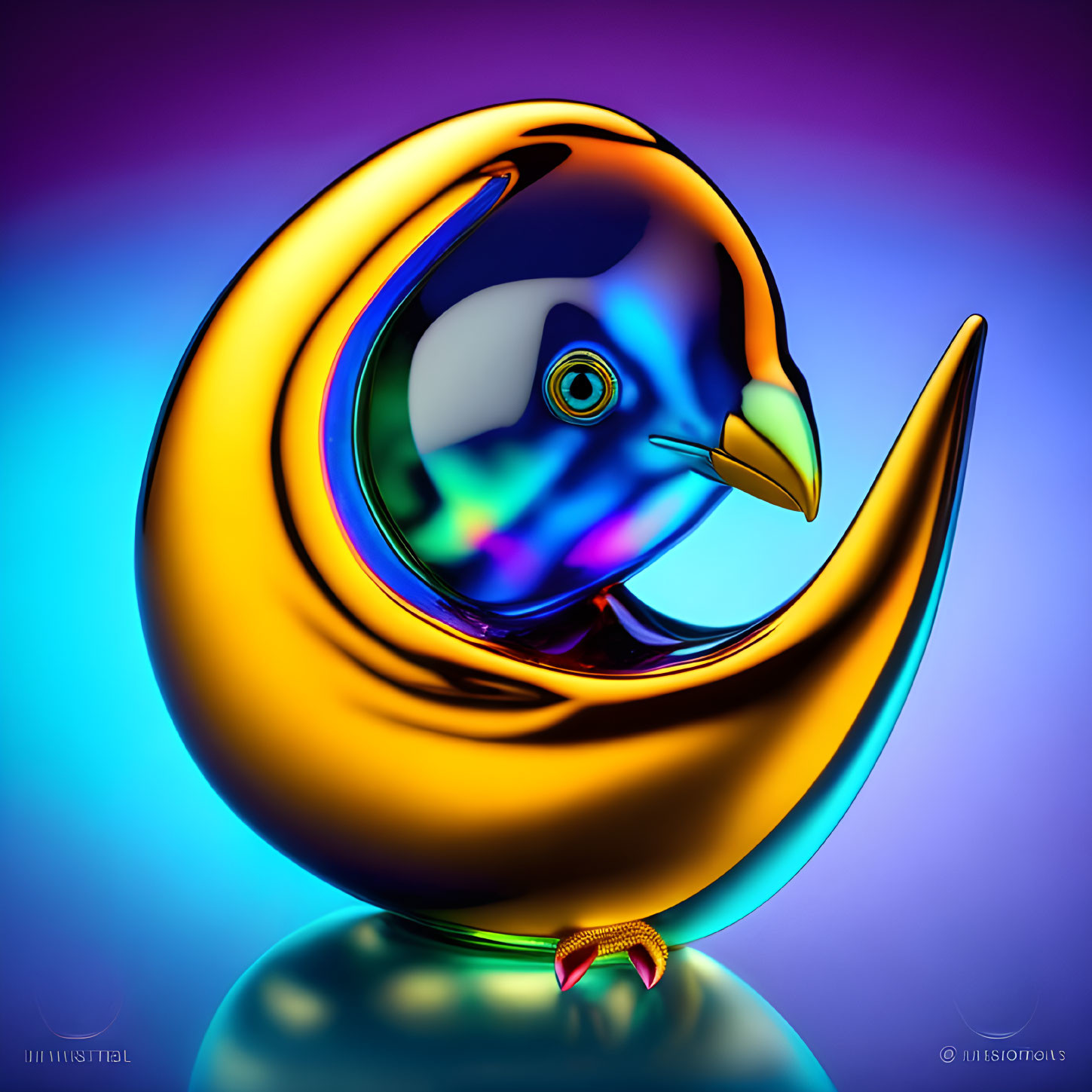 Abstract bird artwork in yellow and orange hues on purple and blue gradient.