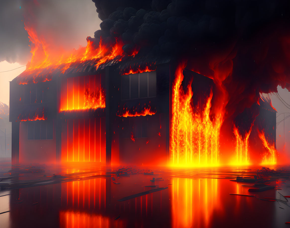 Intense flames engulf building, thick smoke reflected in large puddle.