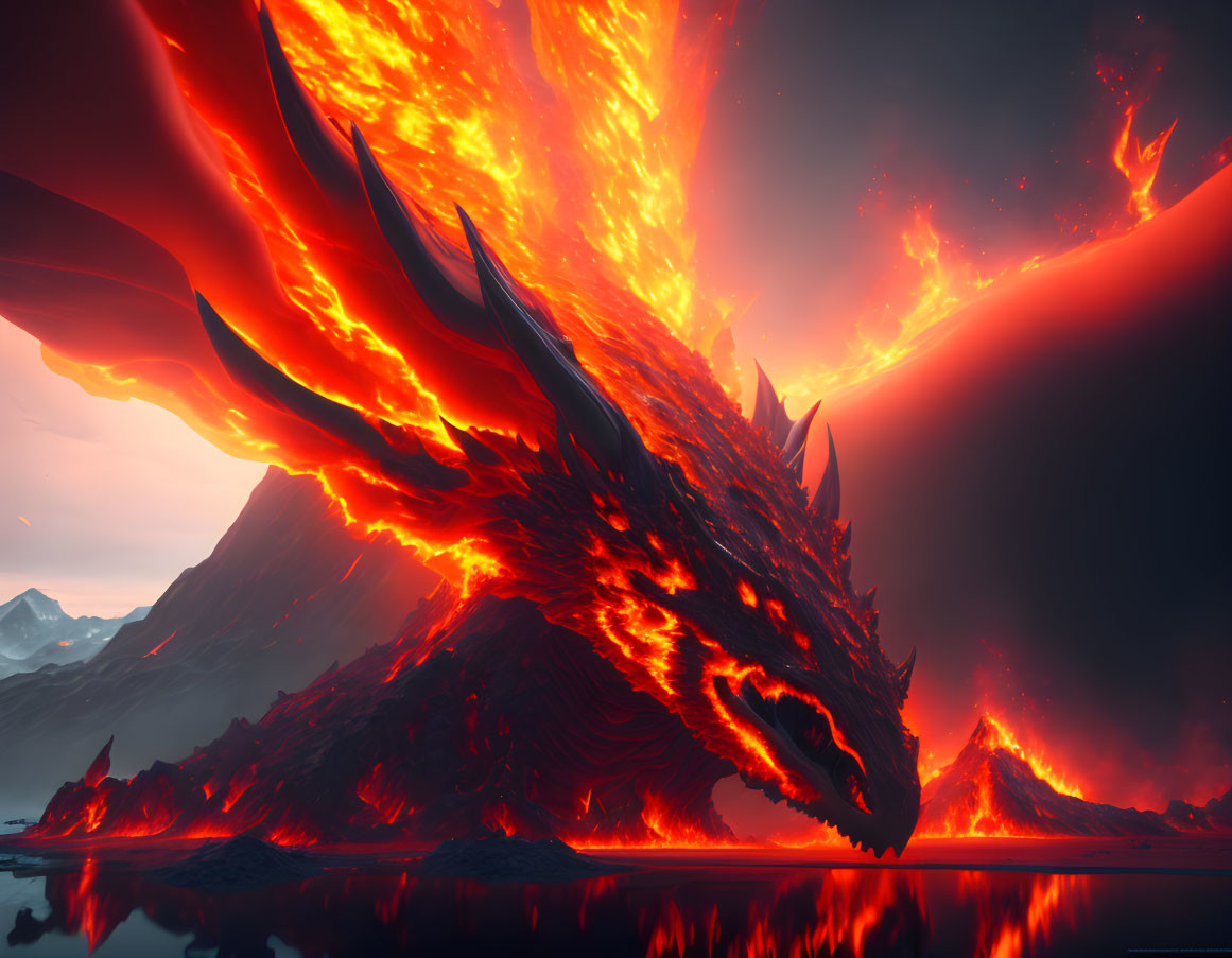 Majestic dragon in fiery landscape with erupting volcanoes