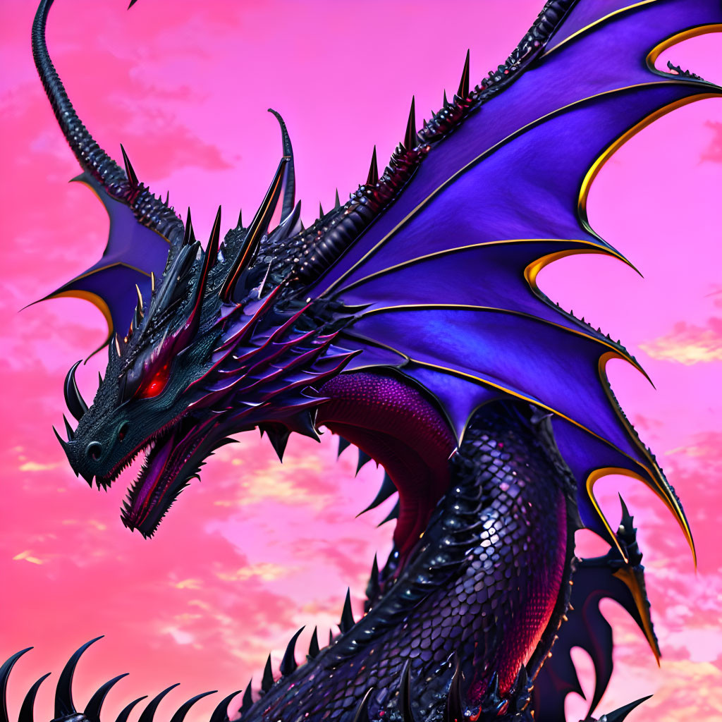 Fierce black and purple dragon with spikes and wings in pink sky