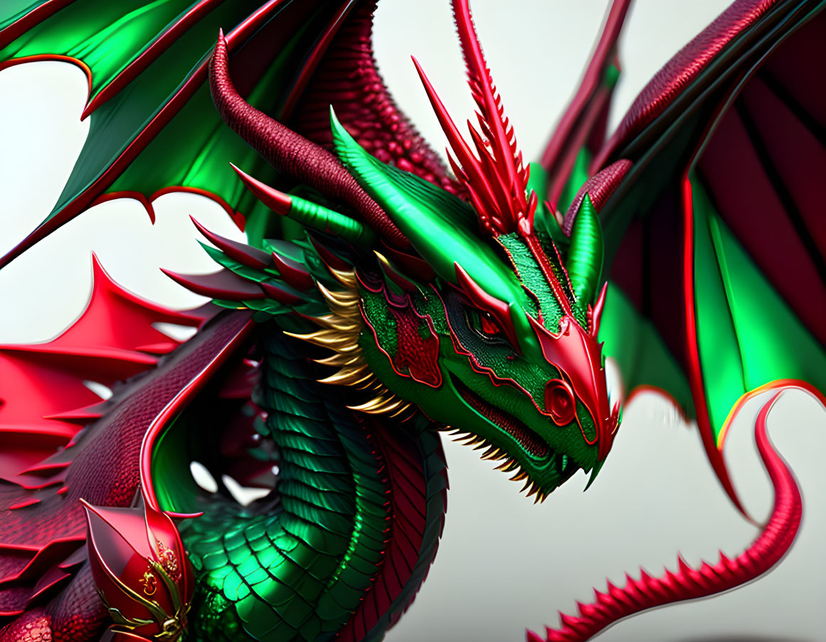 Detailed 3D illustration of vibrant red and green mythical dragon