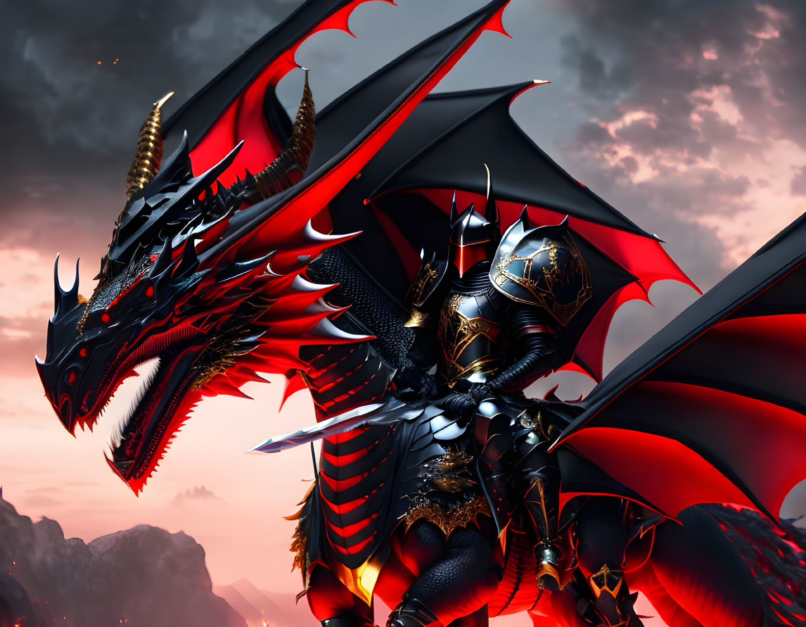 Black armored knight with red dragon in dramatic sky