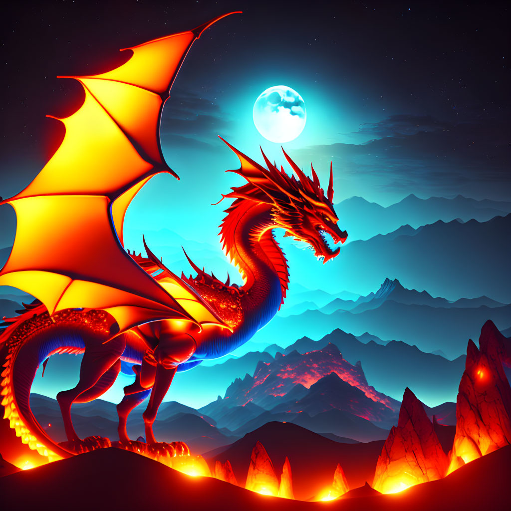 Majestic dragon with expanded wings in moonlit mountainous landscape