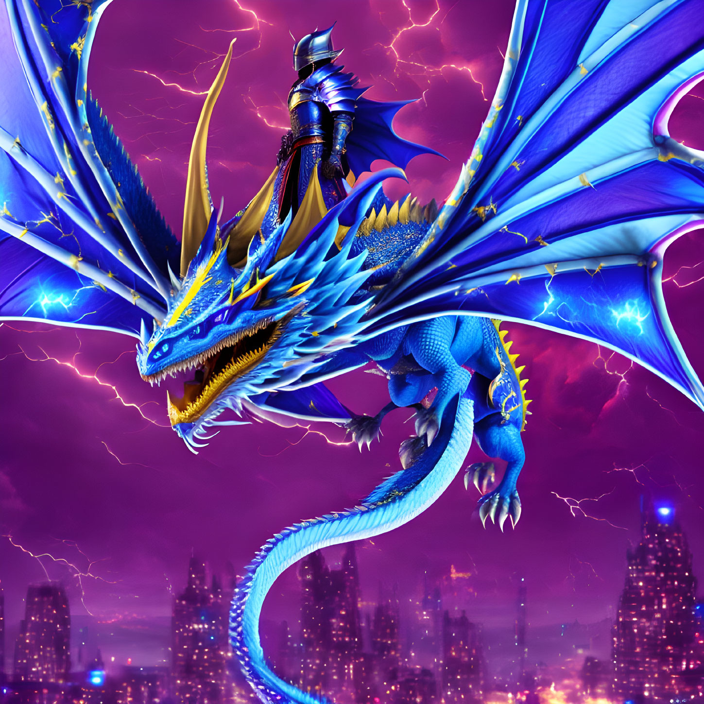 Blue dragon with golden spikes flying over city with armored rider under purple sky.