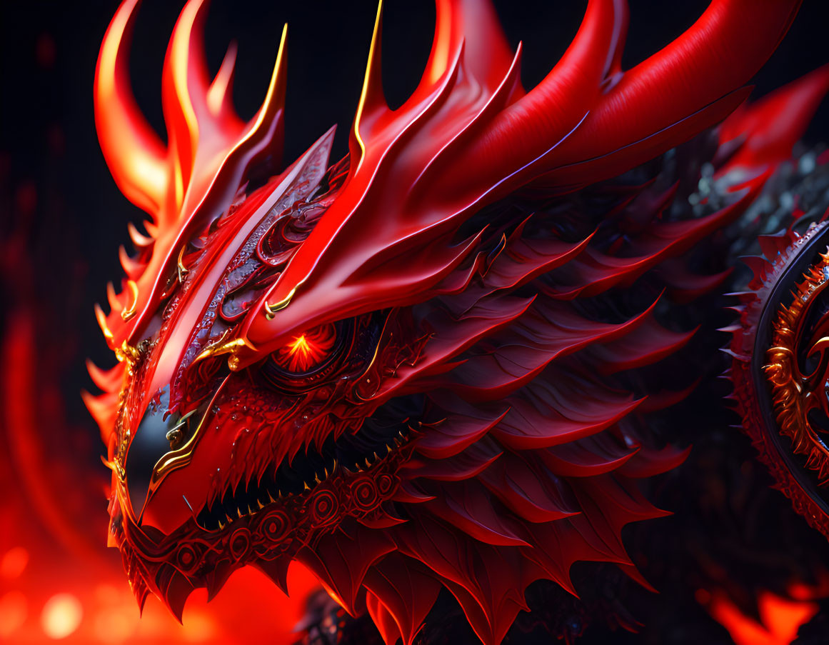 Detailed Red Dragon with Golden Patterns and Glowing Eyes on Dark Fiery Background